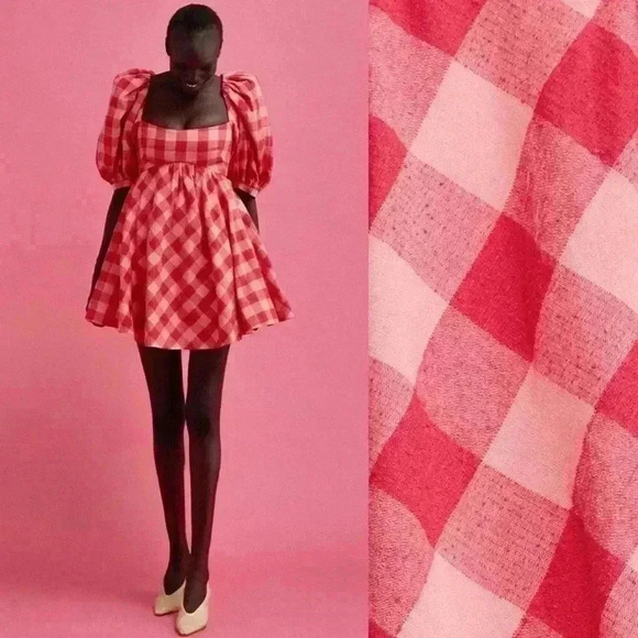 Acler Dresses & Skirts - Acler Pink and Red Gingham Puff-Sleeve Mini Dress